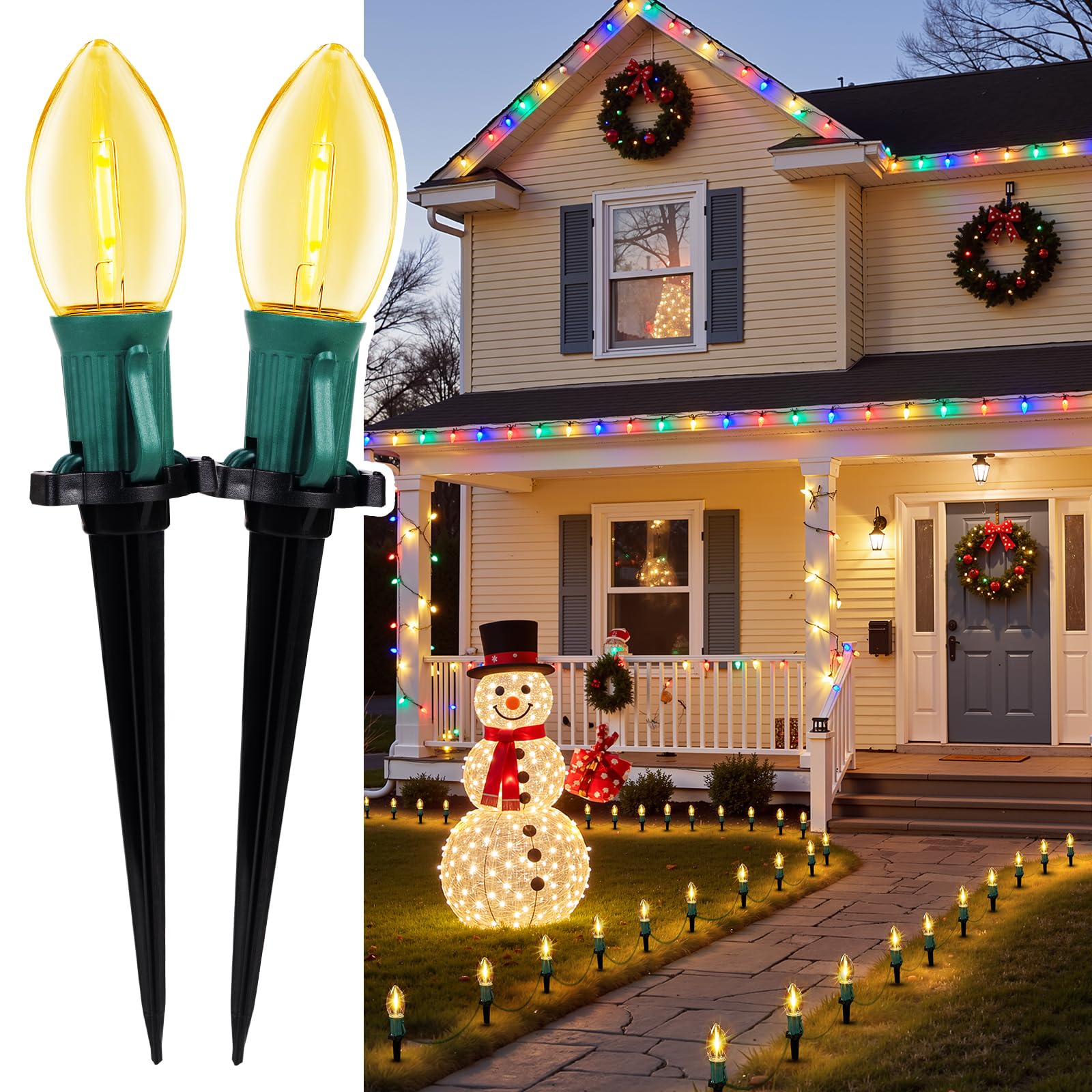 Christmas Pathway Lights Outdoor, 25.7 Feet C9 Lights with 20 Multicolor Bulbs and Stakes, Connectable Outdoor Christmas Decorations Outside Yard Walkway Sidewalk Holiday